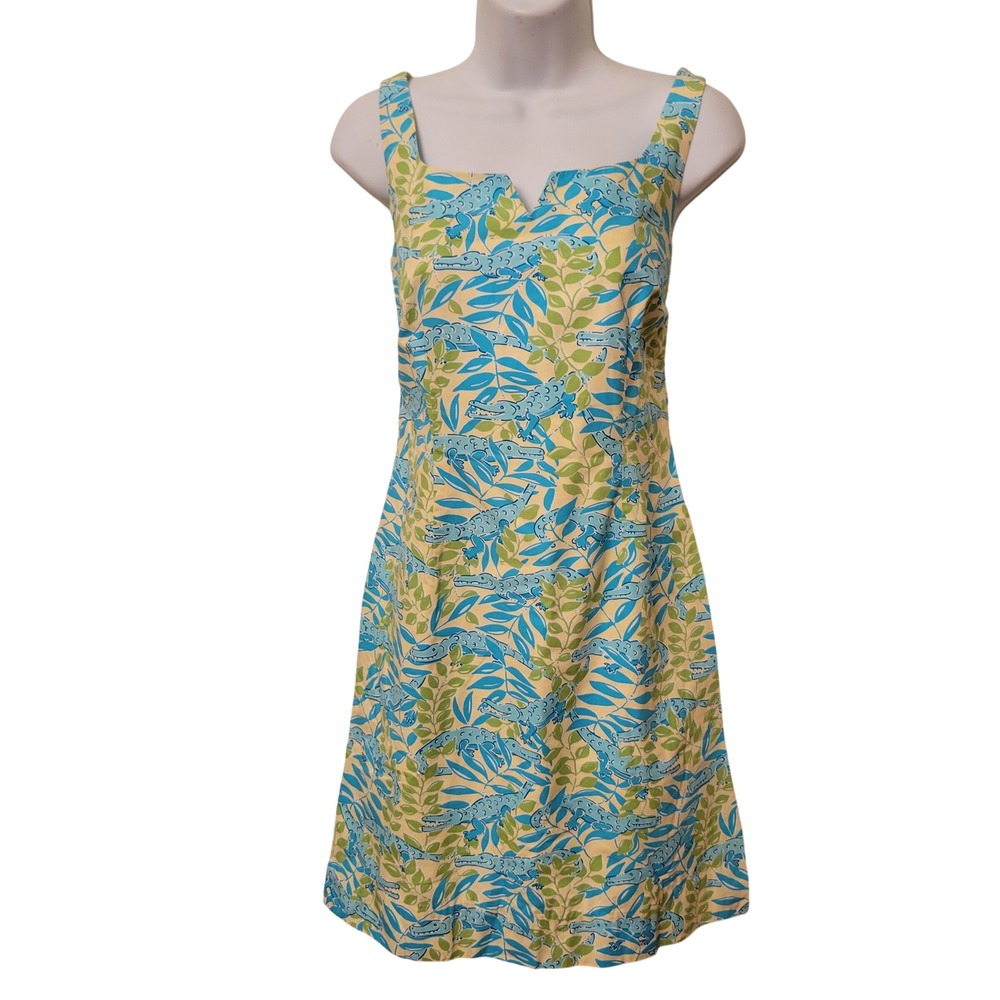 Lilly Pulitzer 2 Shift Dress Blue‎ Green Alligator Print Cotton VINTAGE Summer
